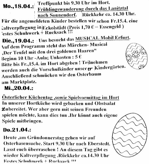 Angebote des Hort in der 1. Osterferienwoche 2011