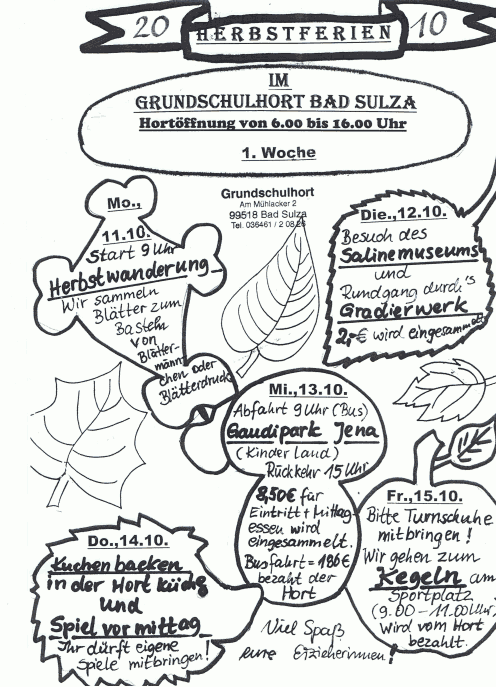 Angebote des Hort in der 1. Herbstferienwoche 2010